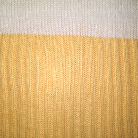 Knit sweater midi dress tunic neck short sleeve bodycon yellow white stripe - Picture 3 of 5